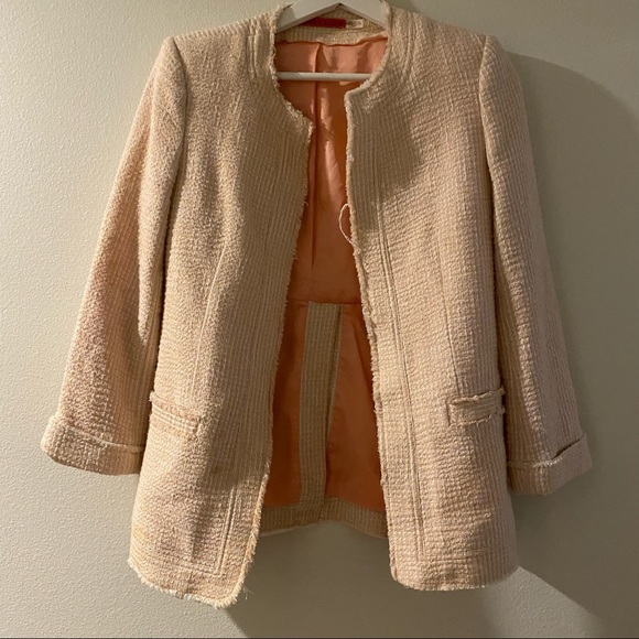 Alice + Olivia Tweed Box Jacket Blazer Pink Peach Fray Long Sleeve Slit Sz XS - Picture 2 of 8